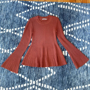 Rust Ribbed Flare Sleeve Knit Sweater Peplum Hem Boho Fall Cottagecore Chic‎ S